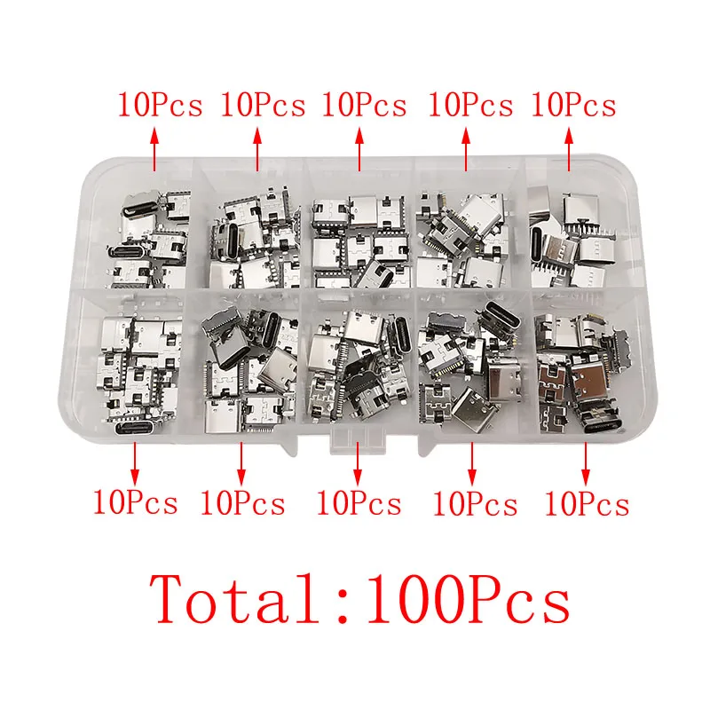 100Pcs USB Type C Female Connector 6P 16 Pin SMD SMT PCB Soldering Charging Port Dock DIY Repair USB Type-C Socket Jack Adapter