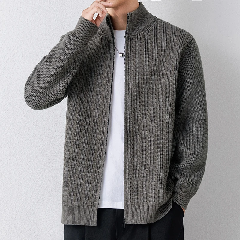 

Мужской вязаный кардиган на молнии, однотонный, с воротником-стойкой, повседневный, с длинными рукавами, осенняя одежда, удобный крой