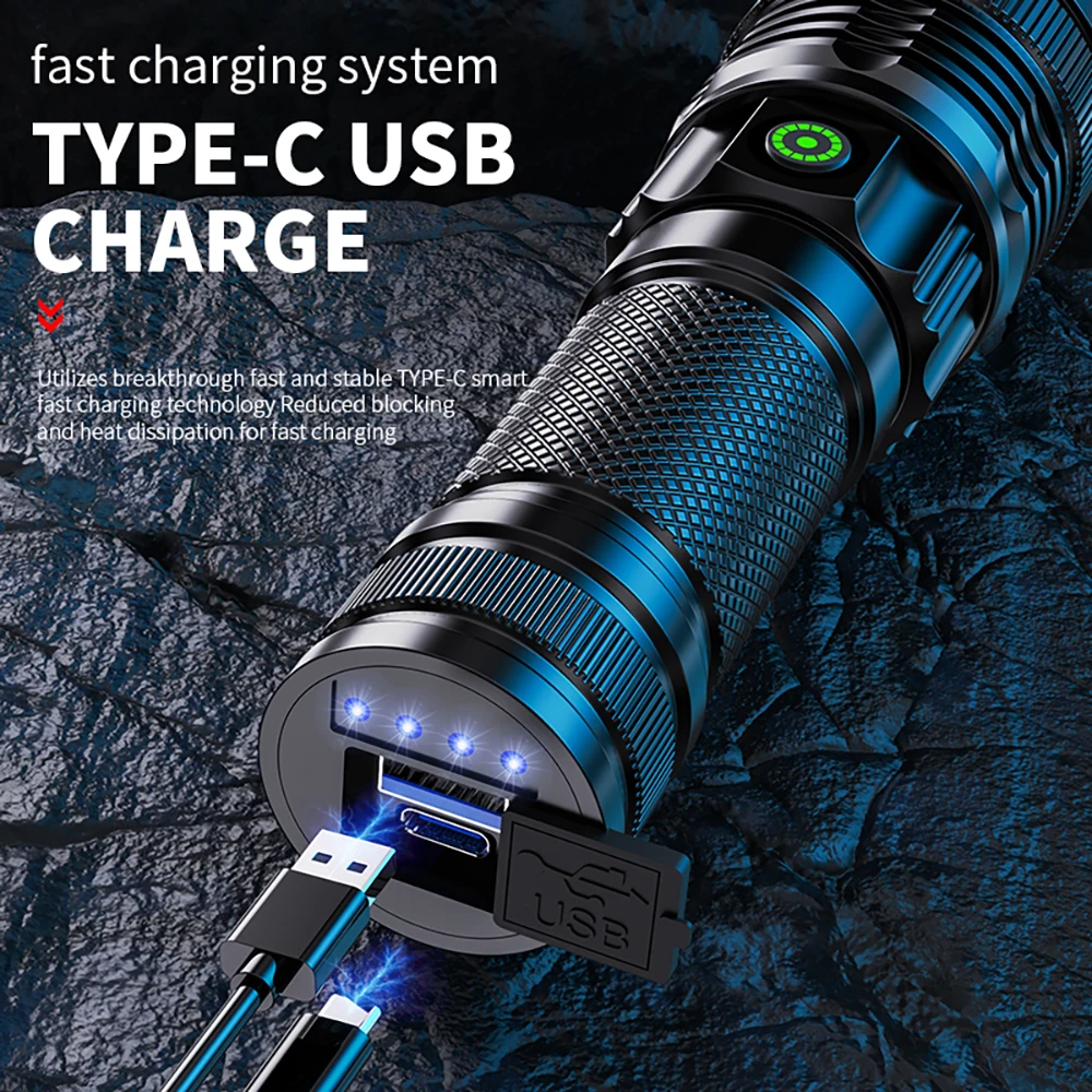 100000 Lumen Super Bright Spotlight Long Range LED Flashlight Built-in Battery USB Charging Waterproof Portable Camping Torch