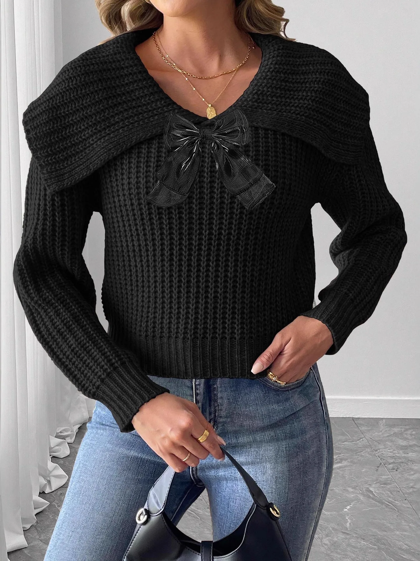 

Женский свитер с большим воротником и бантом, уличный свободный крой, длинный све, влажный ng, полиэфирное волокно, осенне-зимний нож...