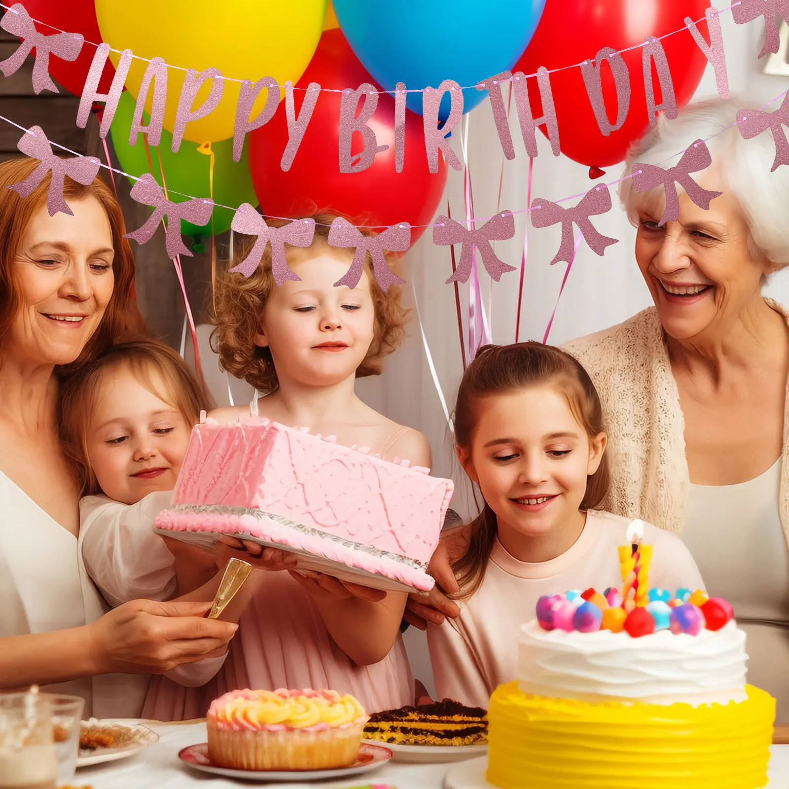 Happy Birthday Banner Pink Bow Decorations Reusable Party Supplies Pink Bow Garland Birthday Celebration Decoration