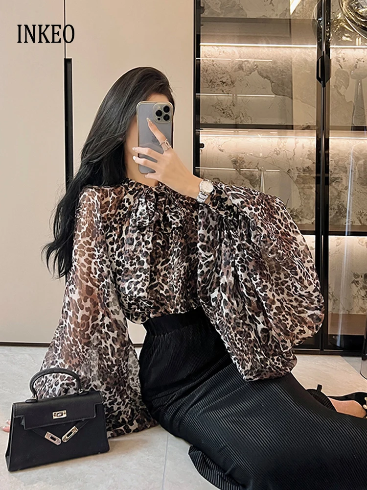 Vintage leopard print shirt see-through Women's Sexy Bow tie Lantern sleeve tops Loose 2025 New Spring Blouse INKEO 4T235