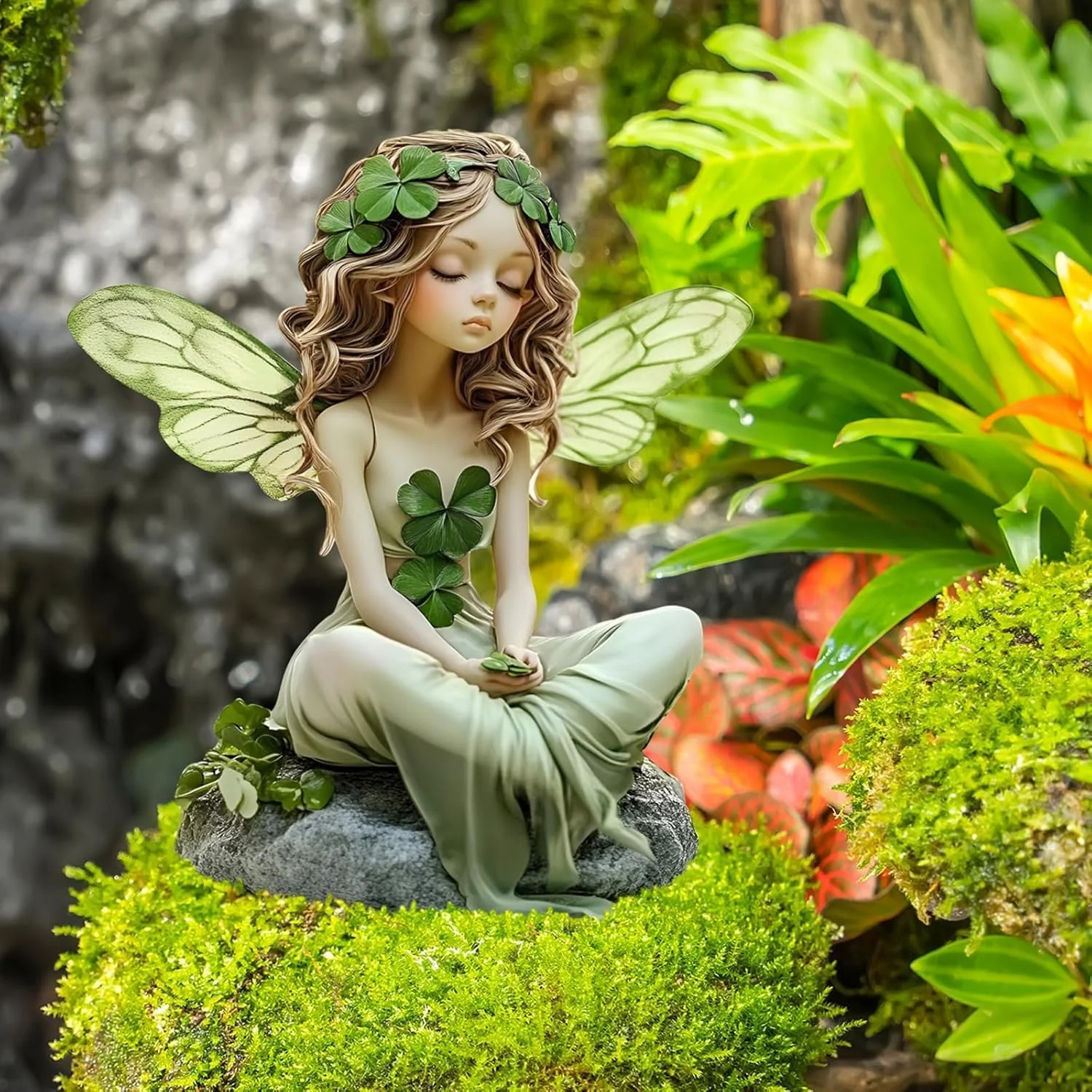 1PCS Three Leaf Clover Girl Outdoor Decoration Pile with Butterfly Wings Ideal Courtyard Decoration Garden Decoration Ornament