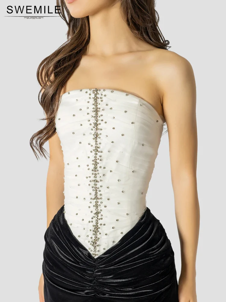 SWEMILE Abito da sera formale in cristallo con perline per donna Abito da ballo con pieghe senza spalline a sirena di lusso lungo con colori a contrasto personalizzato