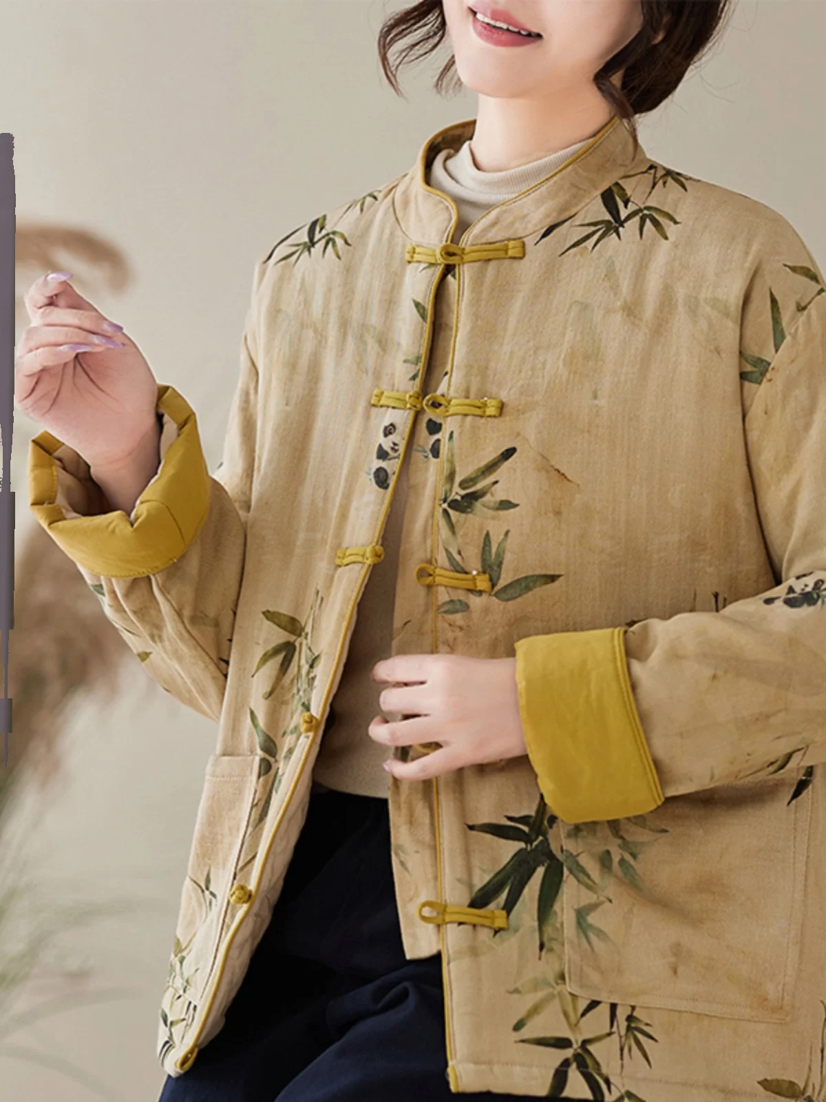 Retro Chinese Style Thickened Cotton Jacket Women's Winter Warm Coat with Button Print Design Stand Collar Long Sleeve