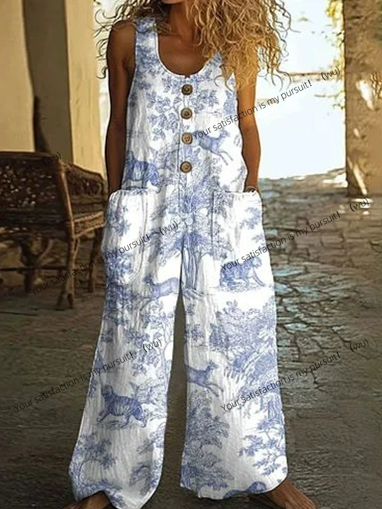 Vintage Print Tasten Ärmellose Overalls Frauen Sommer Neue Mode Temperament Lose Breite Beine Overall Dame Pendeln Kleidung
