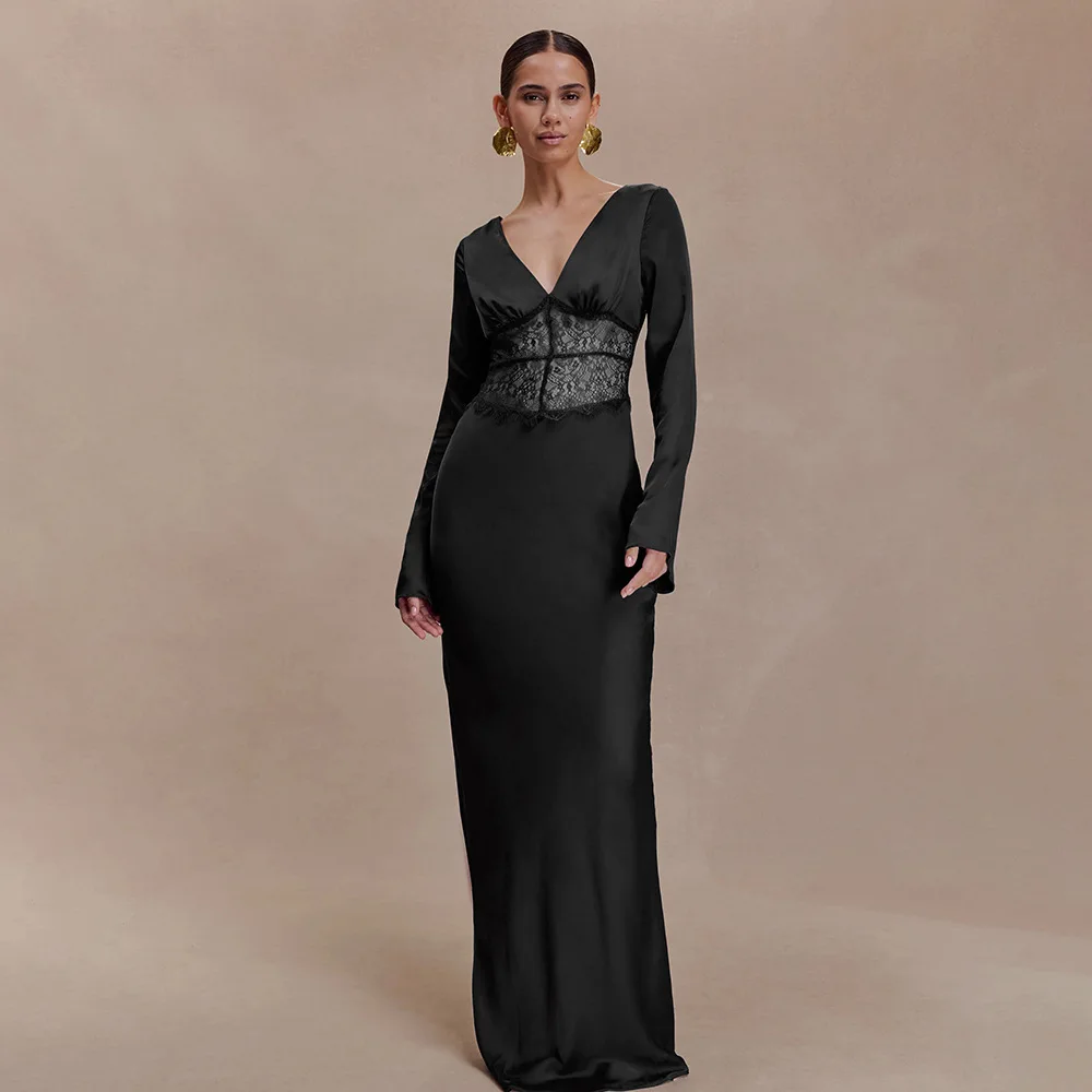 Apprabant Sheer Lace Ptachwork satén elegante vestido largo de noche mujeres Sexy cuello en V profundo temperamento ajustado vestido largo ropa de fiesta