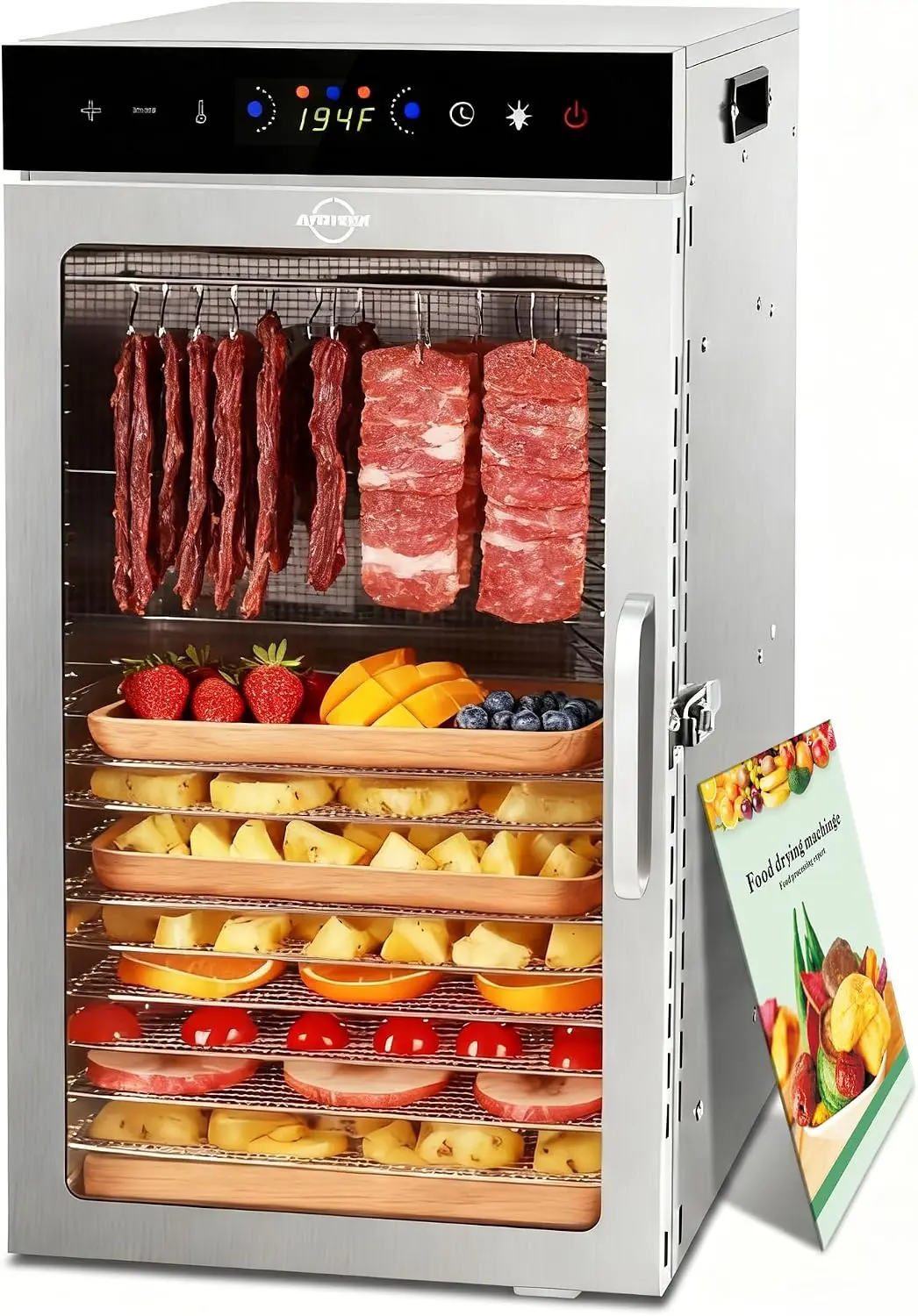 Food Dehydrator Machine 18Tray, 800W Dual Fan Fast Drying, 24H Timer, 86-194℉ Control, Noise Below 45dB, LED Panel, Stainless St