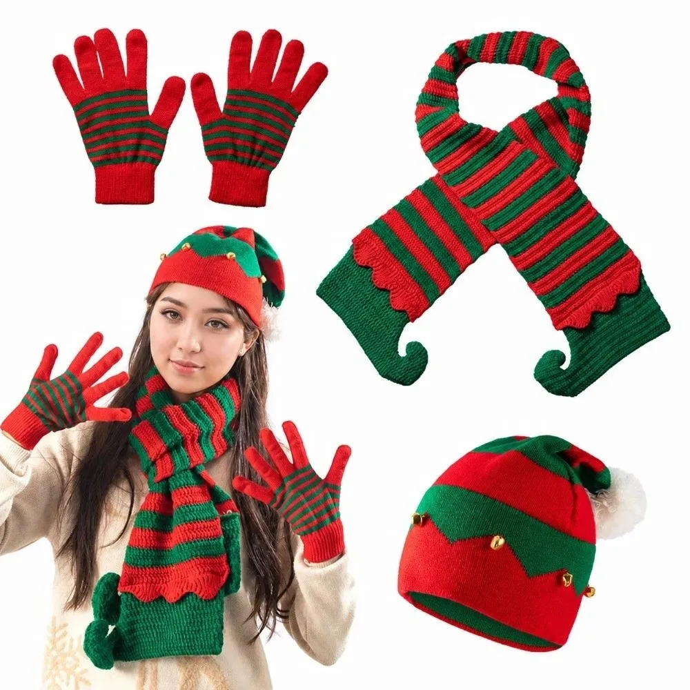 Thermal Yarn Christmas Hat Scarf Striped Pattern Gloves Xmas Beanie Elastic Fit Acrylic Fibers Knitted Holiday Scarf