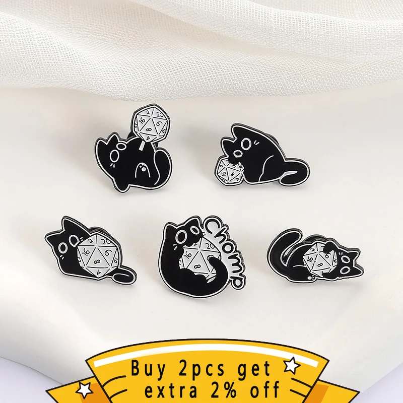 Cute And Fun Black Cat Multi Sided Dice Enamel Pin Virtual World Adventurer TRPG Game Brooch Lapel Badge RPG Jewelry Fans Gifts