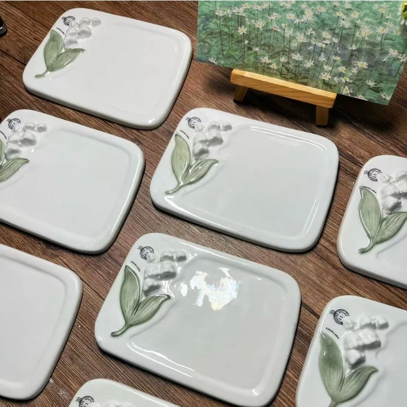 Ceramic Palette Retro Lily of The Valley Watercolor Toning / Color Mixing Tool Easy To Clean Student Artist Painting Supplies