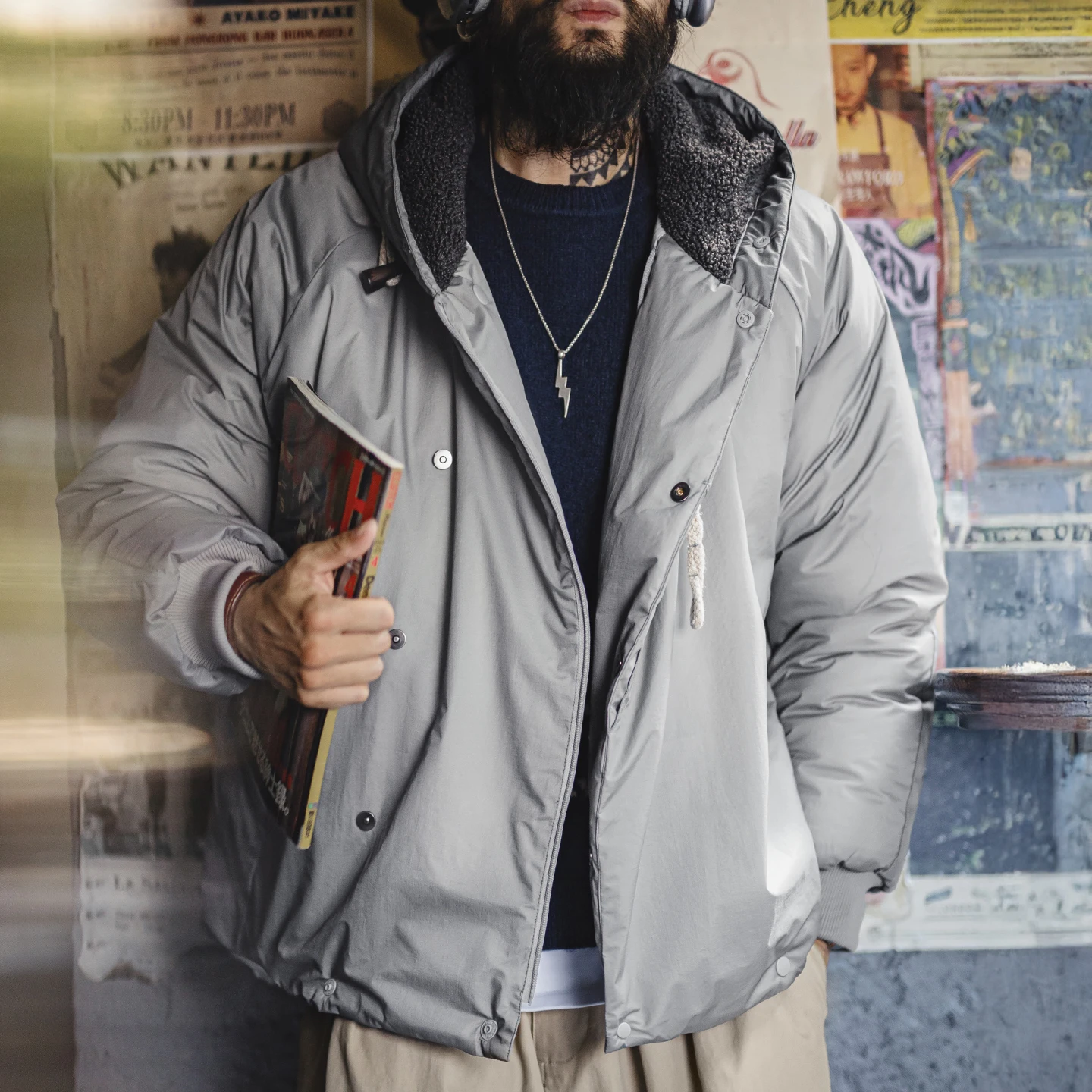 

Maden Vintage N-3B Gray Parka for Men Toggle Buttons Hooded Short Coat Heavyweight Thermal Padded Jacket for Autumn Winter