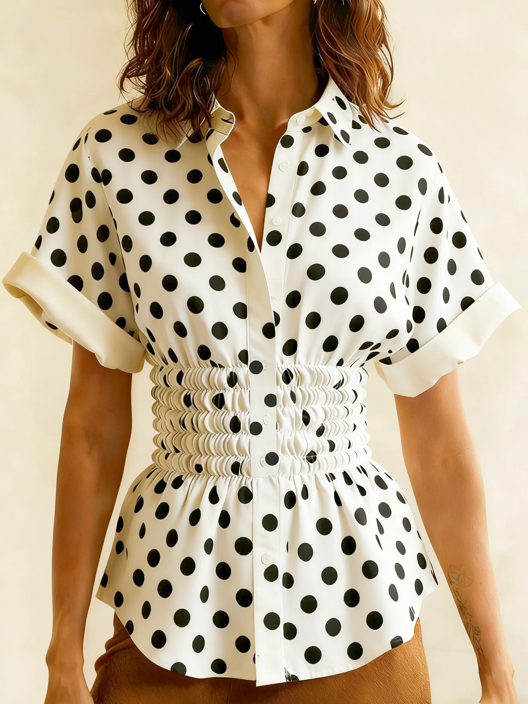 

Women's Button Down Shirts Short Sleeve Collared Cinched Waist Fitted Blouse Cute Work Elegant Smocked Shirt