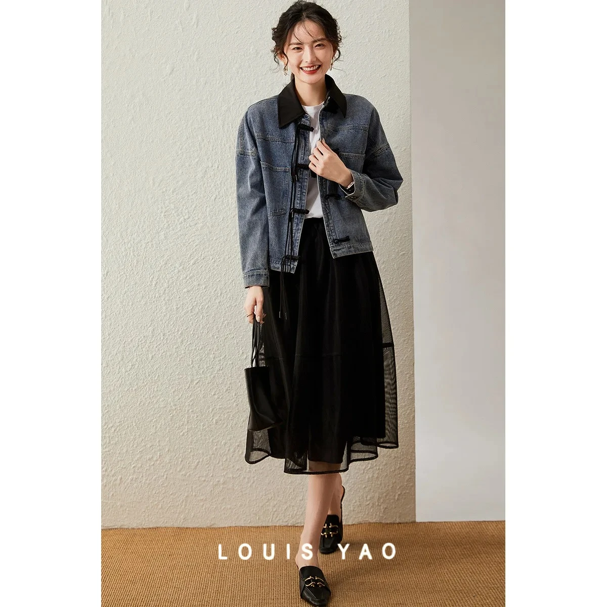 LOUIS YAO Chinese Style Women's Denim Jacket 2025 Spring/Autumn Spliced-lapel Collar Long-Sleeved Jacket Button-Front Coat