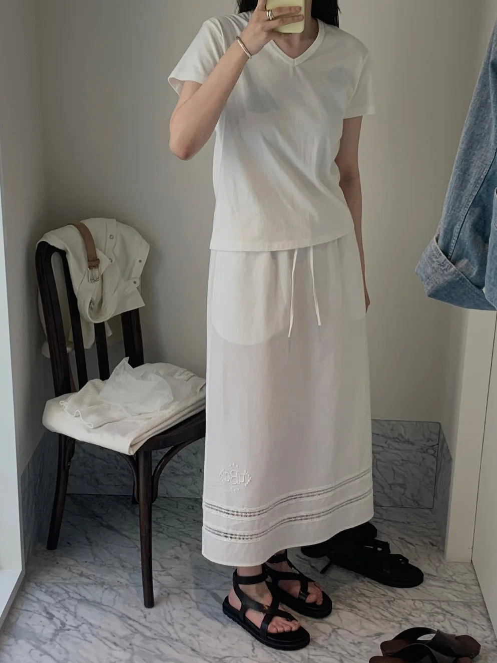 

Korean Sle Embroidered Elastic Waist Hollow out A-Line Skirt Women's Casual High Waist Cotton f Skirt Summer New Arrival