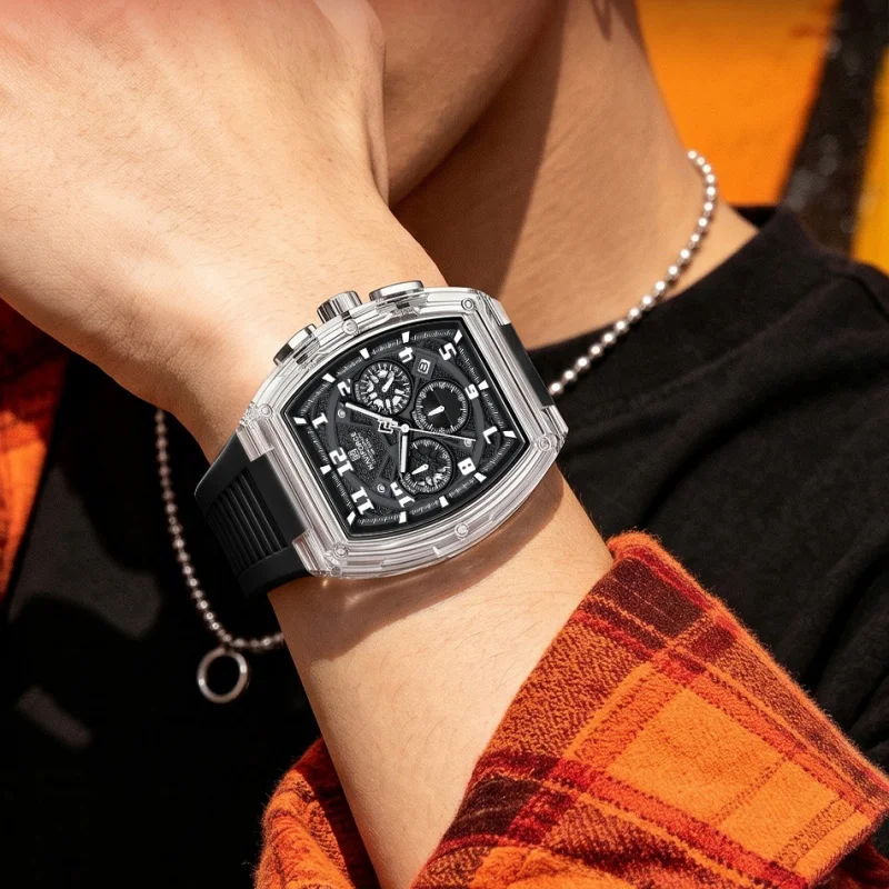 NAVIFORCE Male Tonneau Chronograph Watch 5ATM Waterproof Transparent PC Sports Silicone Strap Modern Tech Wristwatch Gifts Box