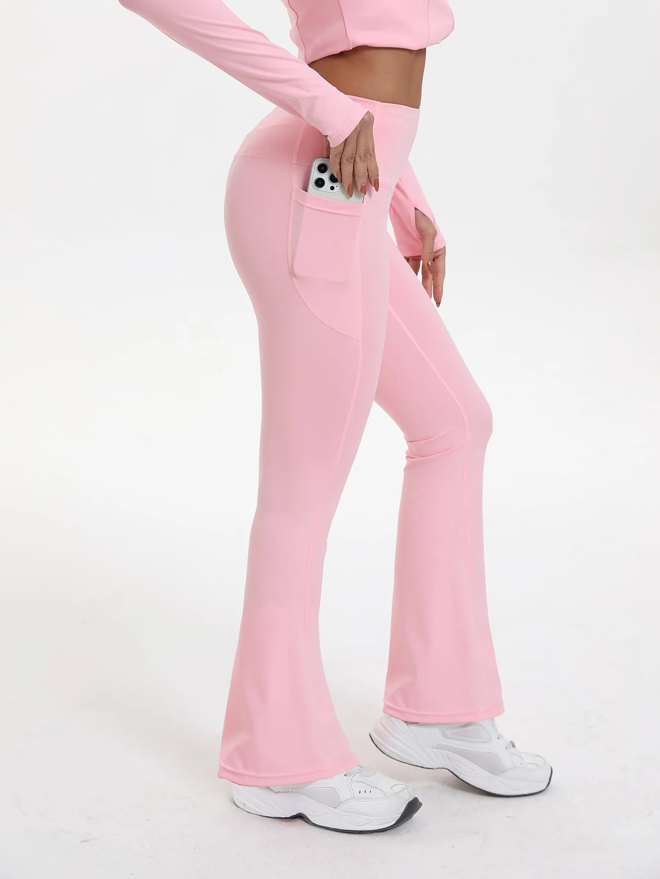 Fitfemme Spring 2Pcs Women's Casual Bell Bottoms Yoga Sport Suit With Pockets High Waist Legging Jacket Running Pants image 2