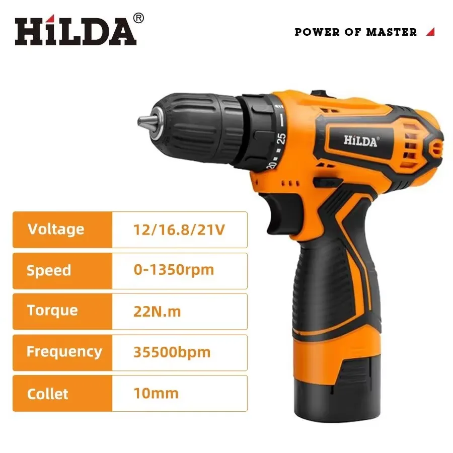 HILDA 12V/16.8V Cordless Drill, Compact Electric Screwdriver with LED Light, Portable Power Tool for DIY Must-Have