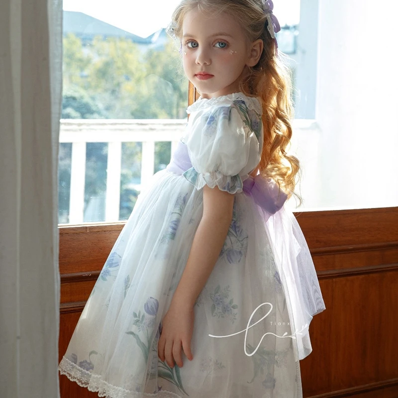 Summer New Flower Girls Princess Dress Chiffon Flower Mesh Bubble Sleeve Dress Spanish Kids Handmade Boutique Dress