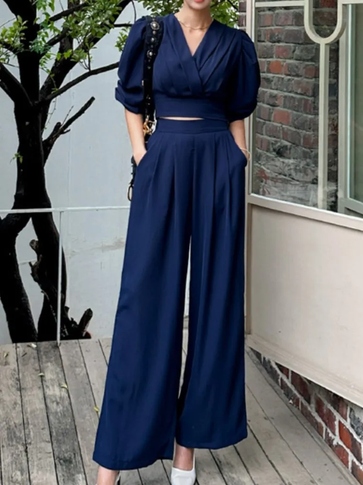 Autumn Fashion New Women Vintage Party Pantsuit Elegant Chiffon Casual Shirts Tops High Waist Wide-Leg Pants Two Pieces Set