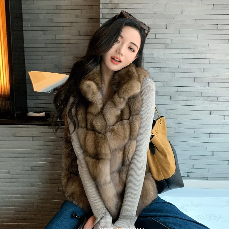 

Модный ретро-жилет из искусственного меха для женщин, осенне-зимняя новинка, плюшевая кожаная куртка без рукавов с воротником-стойкой, короткое стеганое пальто