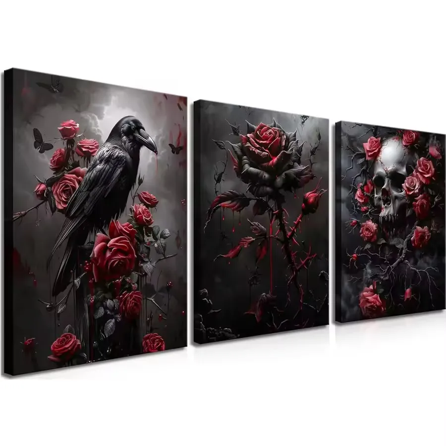 

Crow Rose Skull Flowers Picture Diy Diamond Art Painting Triptych Black Bird Full Drill Mosaic Embroidery Kits 3 Pieces/Set