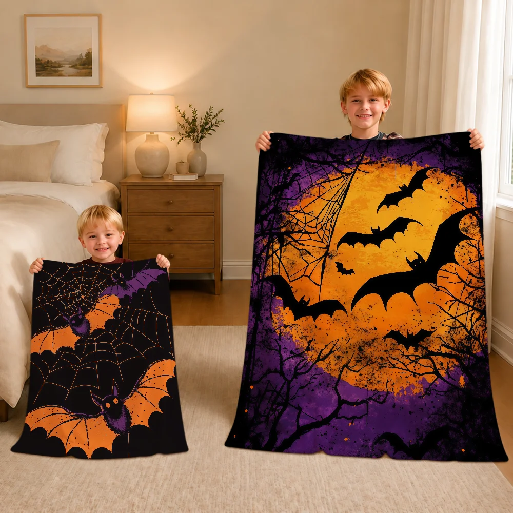 Retro Halloween Bat Pumpkin Cool Blanket Warm Soft Plush Blanket Sofa Living Room Nap Home Bedroom Travel Gift Flannel Pet Hogar