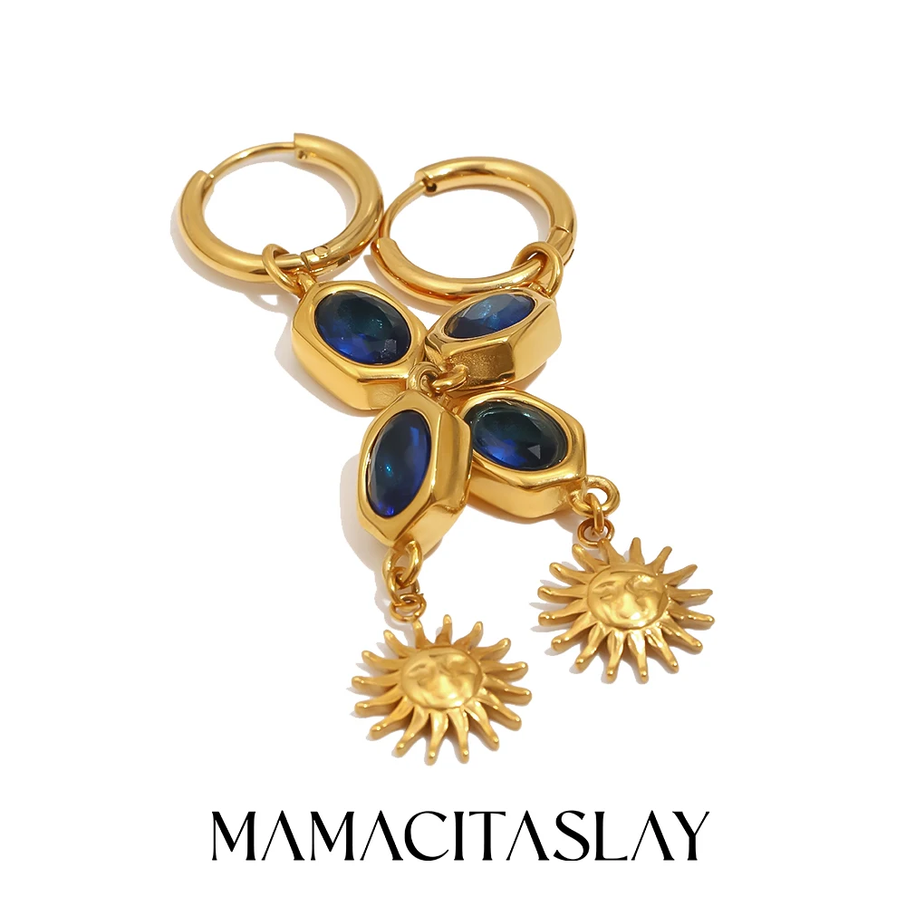 MamacitaSlay 316L Stainless Steel Oval Blue Zircon Sun Hoop Earrings 18K Gold Plated Waterproof Jewelry For Women Vintage Gift