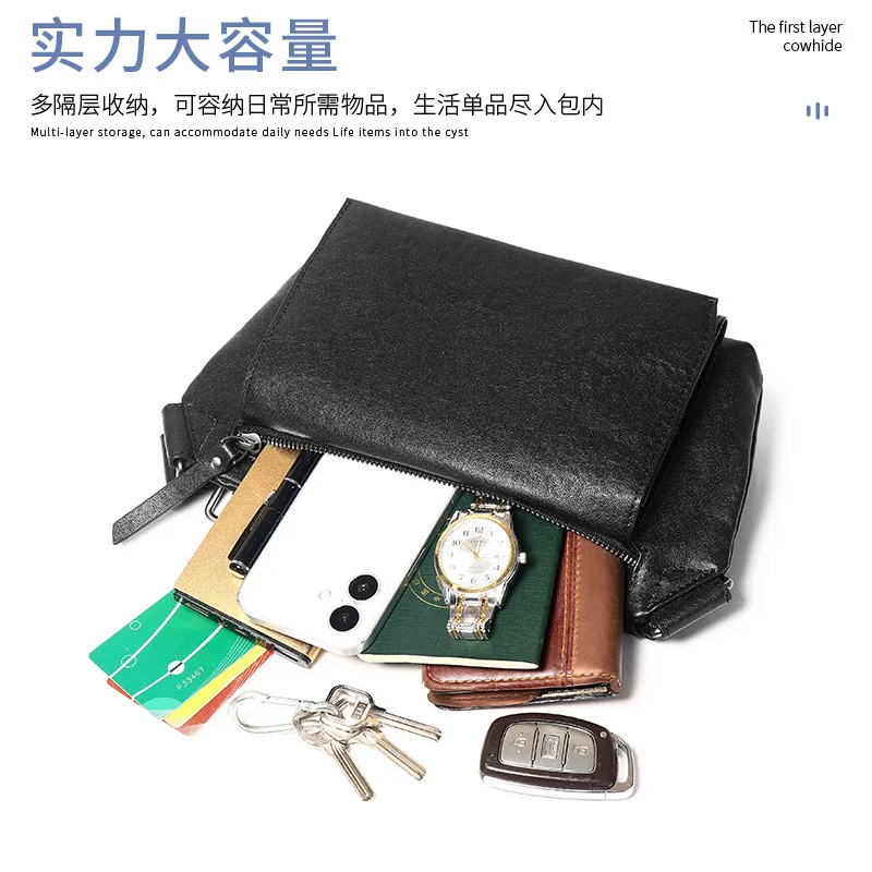Men's large-capacity, simple crossbody bag, waterproof business men's bag, genuine leather high-end travel chest bag