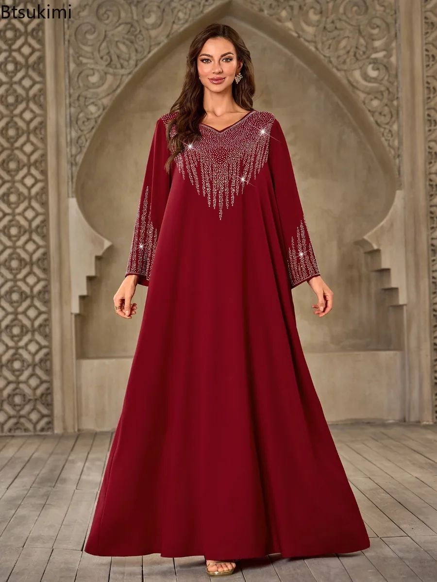 

2026 Dubai Muslim Women Elegant Dress African Abaya Loose V-neck Diamond Kaftan Islamic Long Sleeve Robe Turkey Femme Clothing