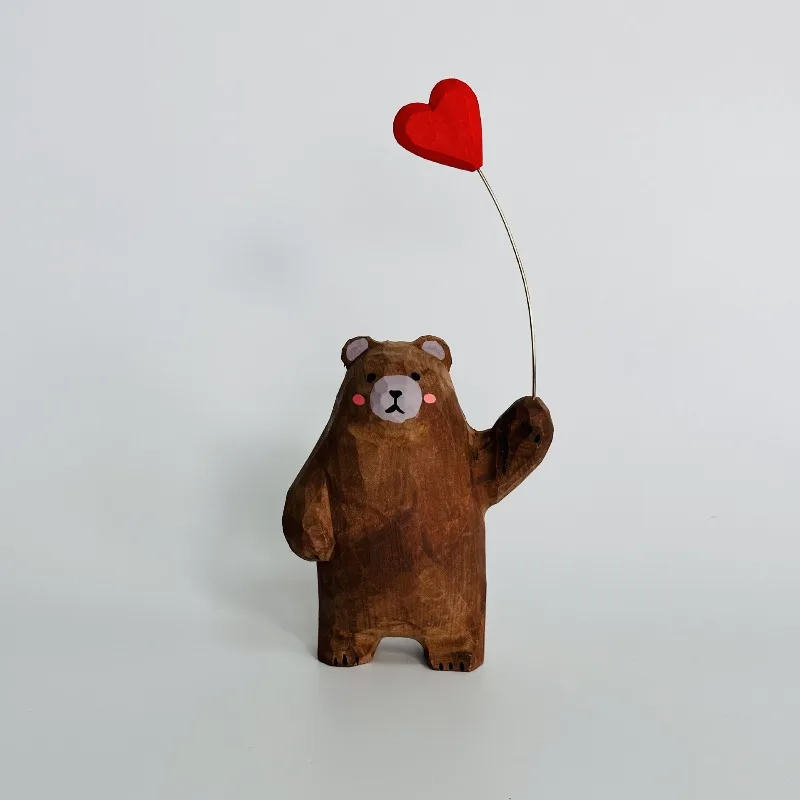 Wood Carving Bear Holding Balloon Sculpture Ornaments Living Room Porch Tabletop Miniature Animal Statue Crafts Birthday Gifts