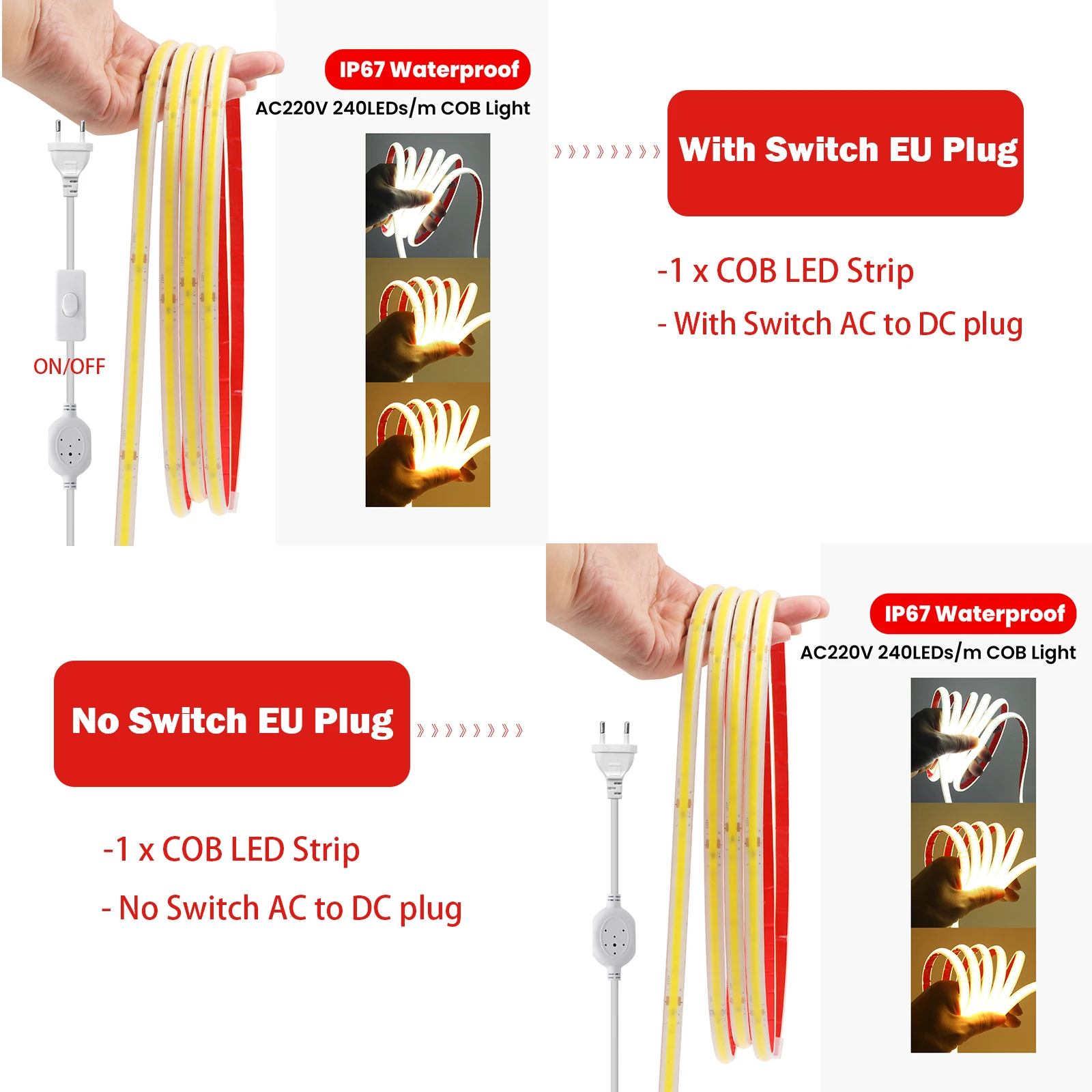 220V COB LED Neon Strip Adhesive With/NO Switch Plug 240LED/M 10CM Cut Flexible Silicone Ribbon Tape Home Garden Lighting 1-100M