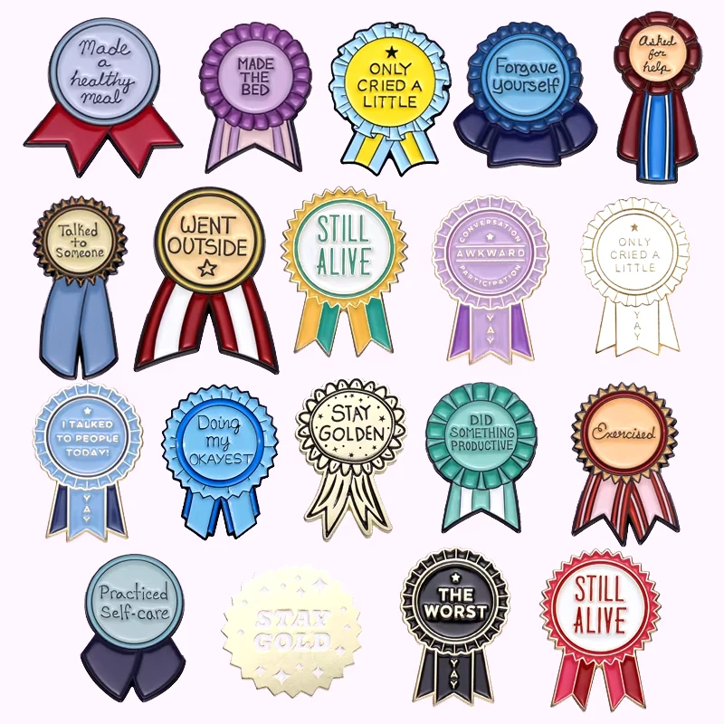 Creative Medal Shaped Enamel Pins Mental Health Positive Words Lapel Badge Accessories Clothes Backpack Brooches Jewelry Gift