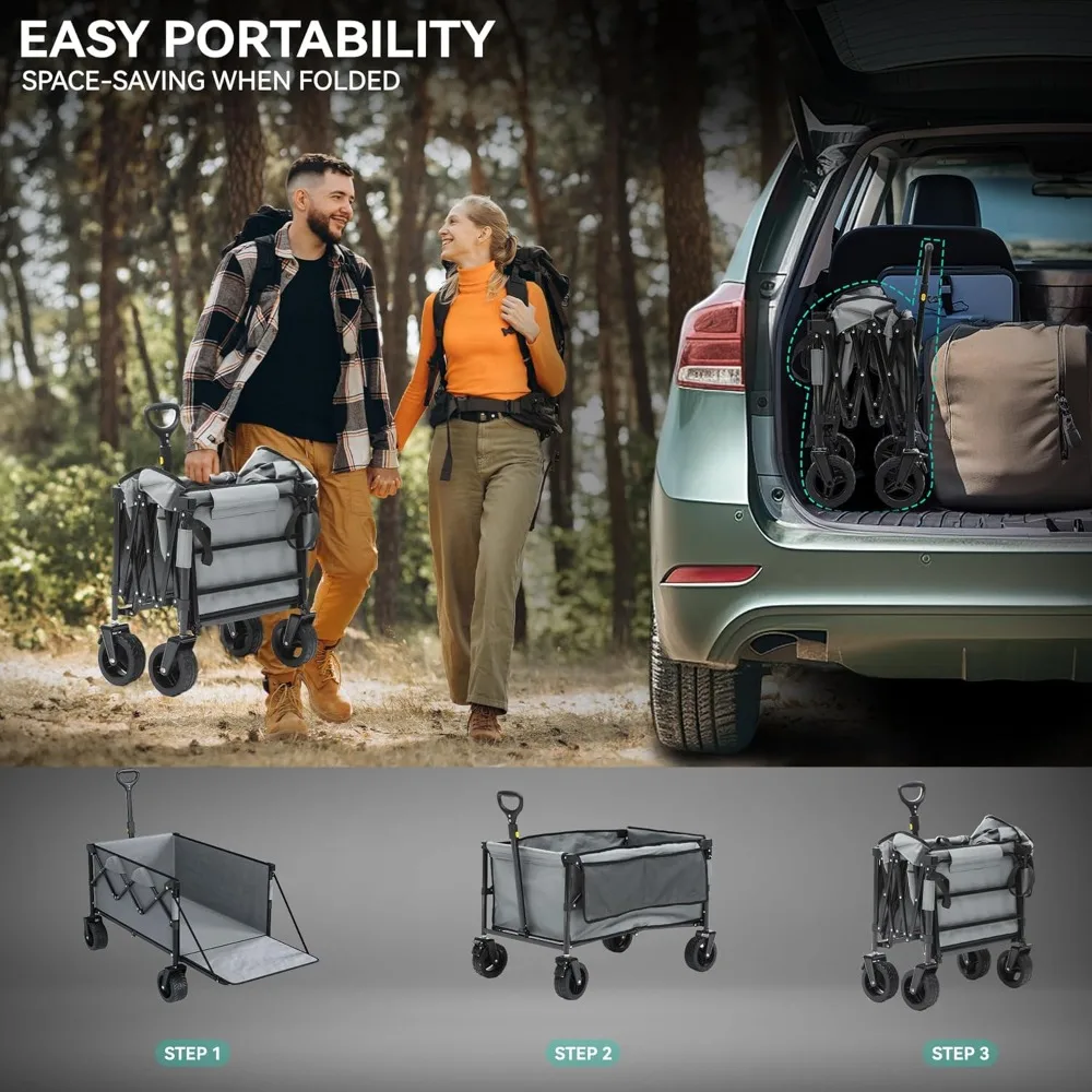Heavy-Duty 265Lbs Capacity Foldable Utility Wagon with Extra Long Beach Cart and Folding Tailgate for Outdoor Adventures