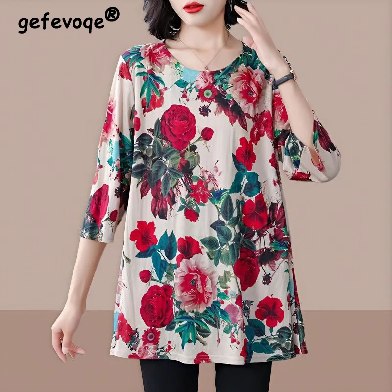 

Women Vintage Ethnic Style Floral Print Elegant Comfortable T Shirt Spring Summer Round Neck 3/4 Sleeve Tunic Tops Ropa De Mujer