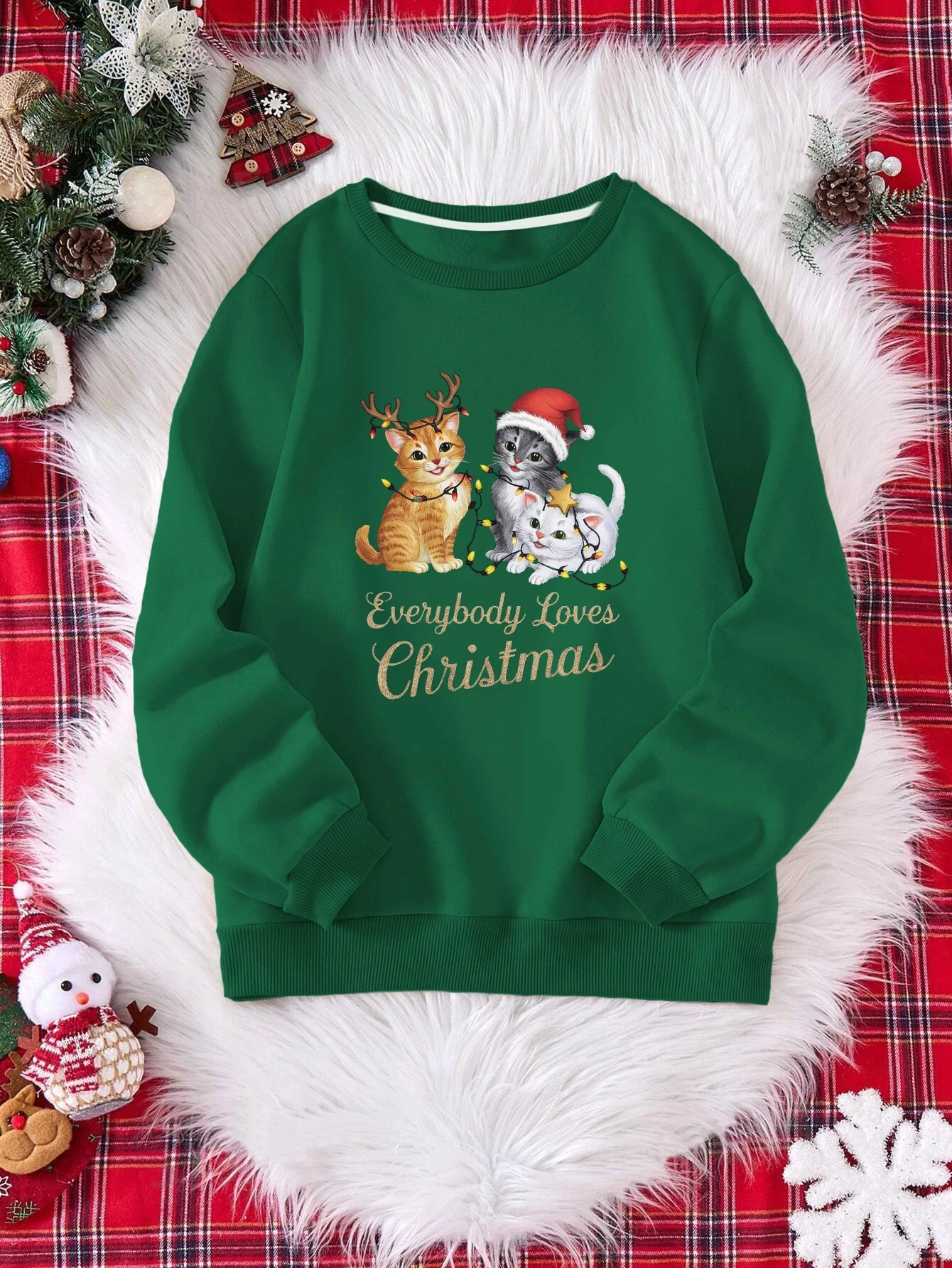 1Pc Women's Casual Crew Neck Sweatshirt with Geometric-Patterned Cats and 