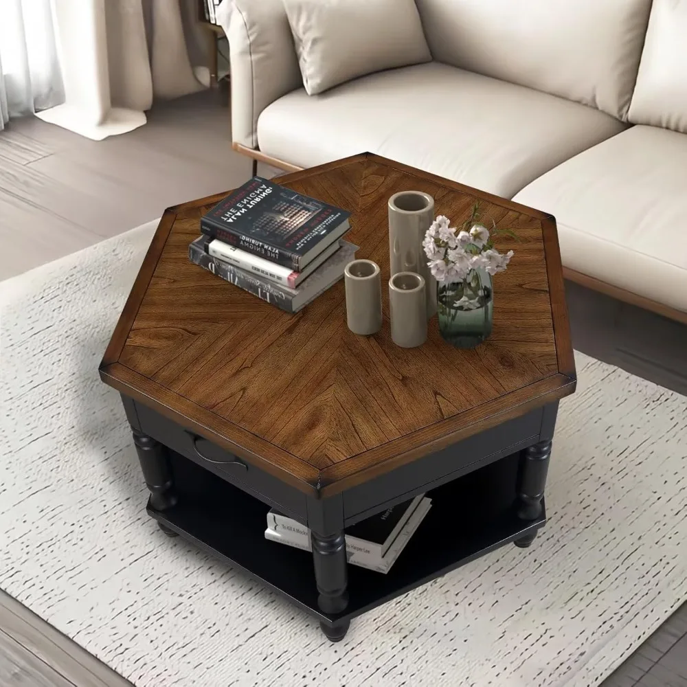 36" 2 Tier Hexagon Wood Coffee Table with Storage Shelf & Drawer Solid Wood Feet Mid-Century Vintage Center Coffee Table