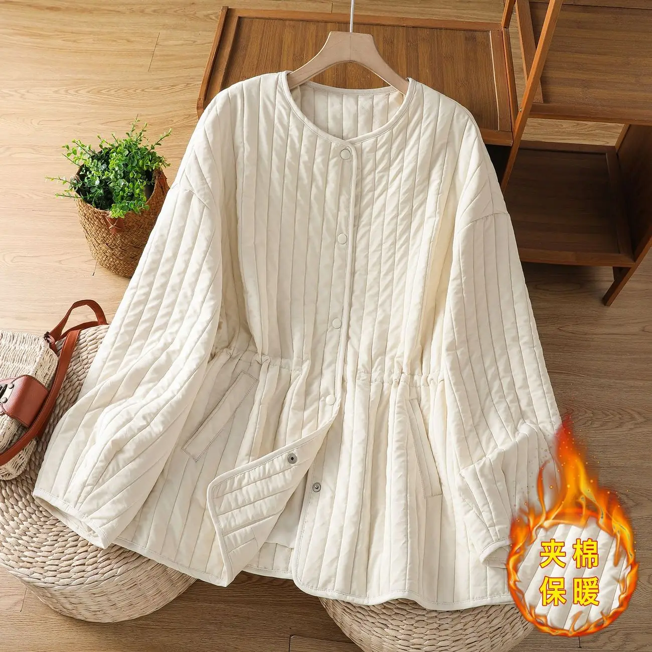 

Simple Korean Quilted Jacket Warm Cotton Clothing For Women's Autumn Winter Casual Round Neck Lightweight Coat w1489