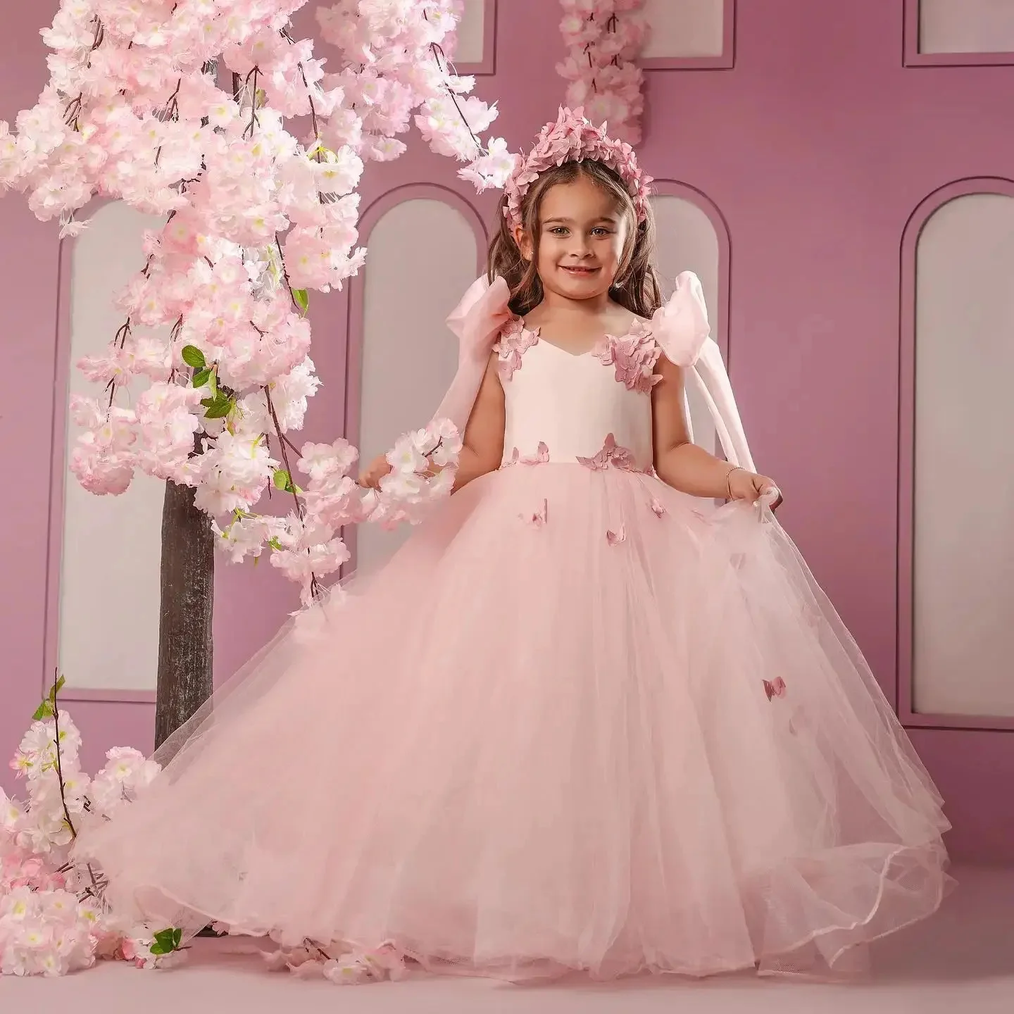 

Customized Blush Pink Flower Girl Dress For Wedding Floral Appliques Tulle Elegant Princess Bridesmaid Birthday Party Prom Gown