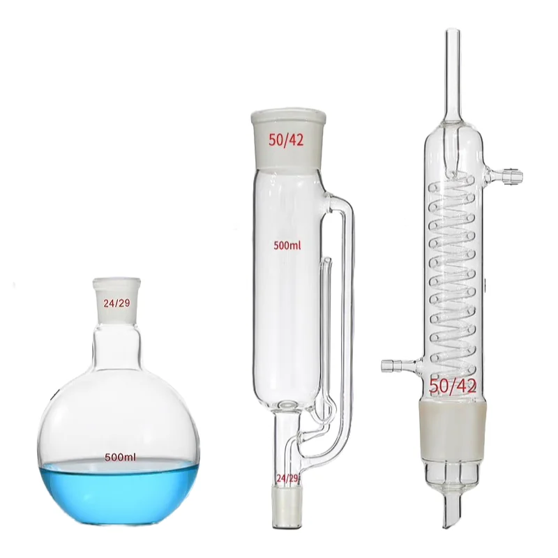 ガラス厚壁ソックスレット抽出器,コンデンサー付き脂肪抽出器,60-5000ml