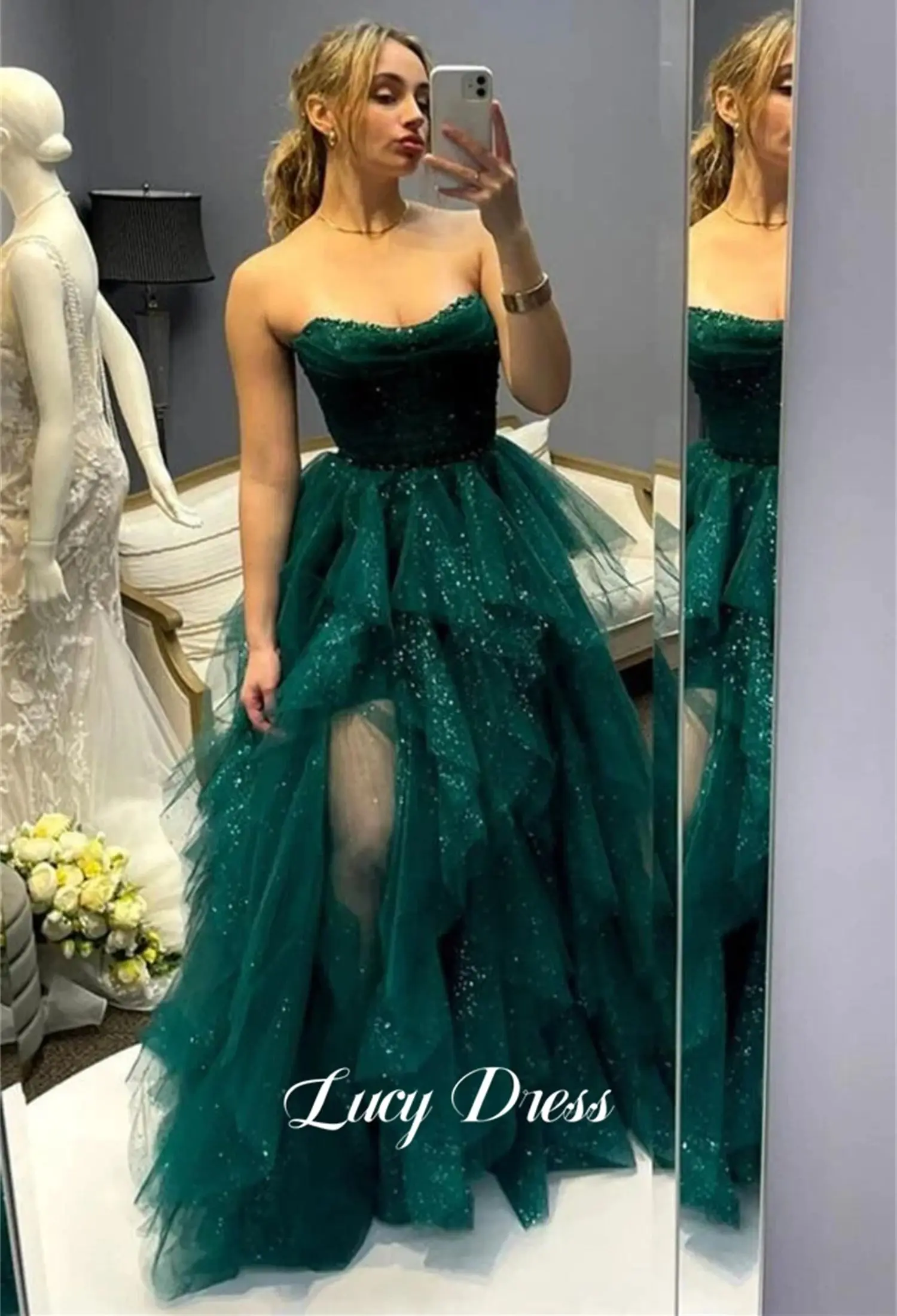 Lucy-vestido de graduación verde para mujer, malla brillante, hendidura en capas, lujoso vestido de noche turco, vestido de Gala elegante, fiesta de graduación