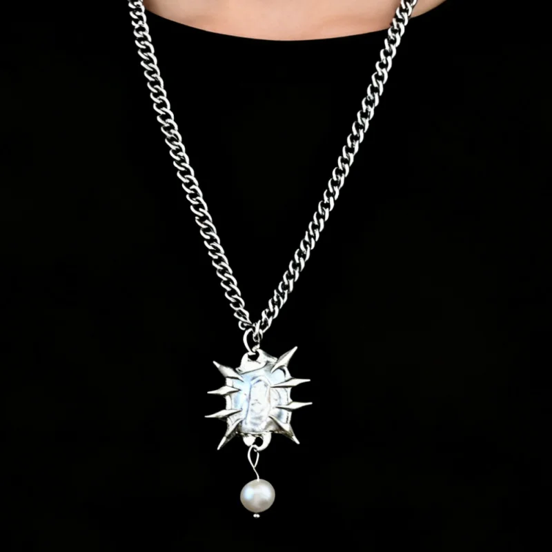 

y2k Spiky Pearl Necklace Handmade Tin Alloy Pearl Metal Necklace Pendant Jewelry Soldered Handmade Irregular Geometric Jewelry