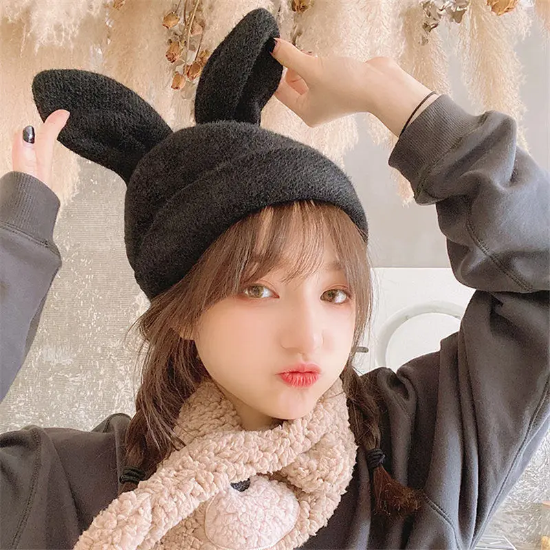 Cute Rabbit Ears Hat Women Autumn Winter Warm Knitted Panama Hat Korean Soft Rabbit Fur Beanie Cap Girls Skullies Ski Hat Gorras