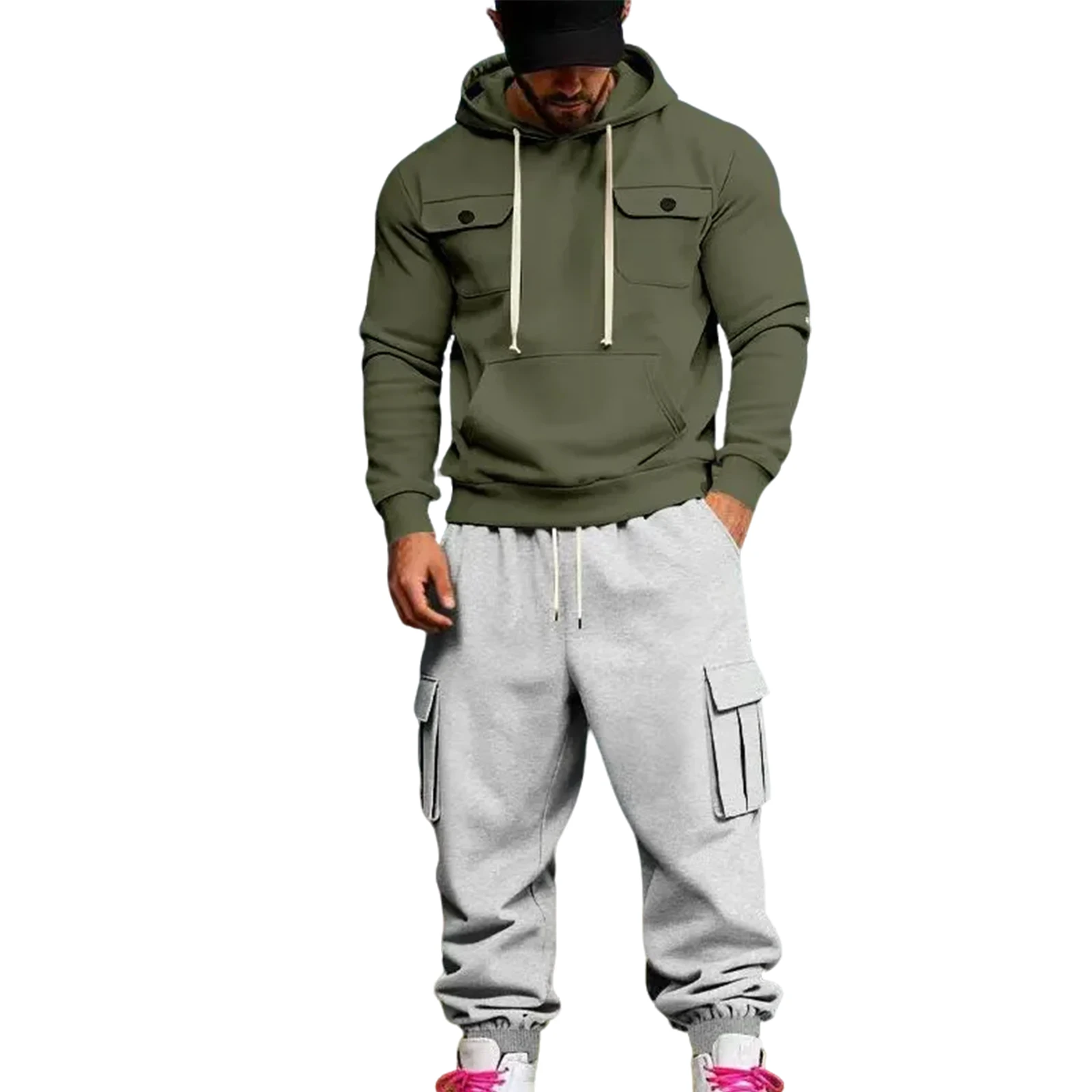 الرجال عارضة فضفاض زائد المخملية ملابس العمل في الهواء الطلق مقنعين البلوز و Sweatpants دعوى الرجال الخريف والشتاء الدافئة طباعة فضفاضة #2