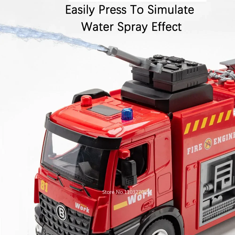 1:18 Water Tanker Alloy Ladder Fire Truck Model Toys Car Diecast Metal Engineering Vehicle Doors Opened Sound Light Toy Boy Gift