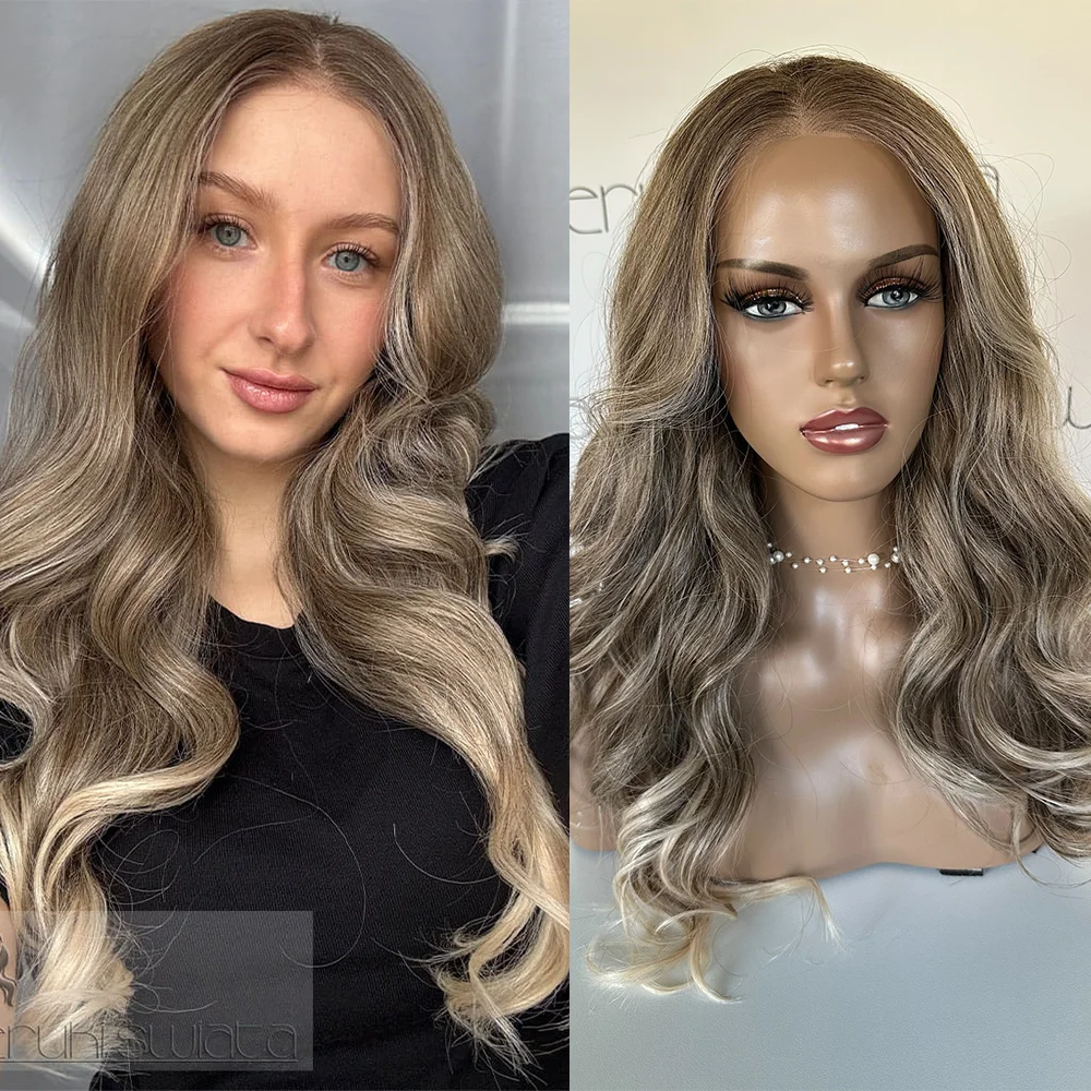 

Heat Resistant Long Wavy Synthetic Wig with Lace Frontal for Women Dark Balayage Blonde Free Part for Daily Party Cosplay Use