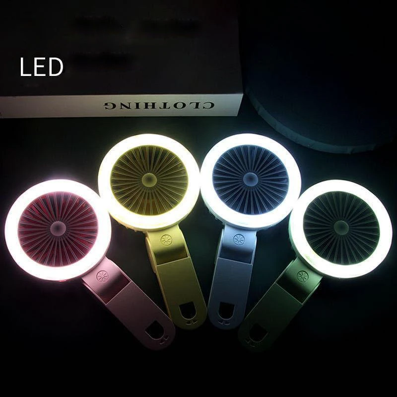 Mini Handheld LED Light Fan Foldable Portable Fan USB Rechargeable Office Desktop Fan Night Light Out Hiking Pocket Fan Light