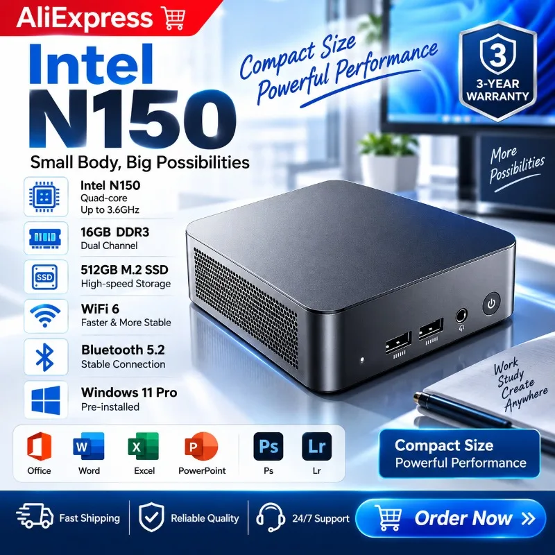 [3년 보증] 강력한 성능의 미니 PC, Intel N150 프로세서, UHD 그래픽, 16GB RAM, 1TB/2TB SSD, M.2 SSD, Wi-Fi 6, Bluetooth 5.2, 데스크톱 PC, 사무용.