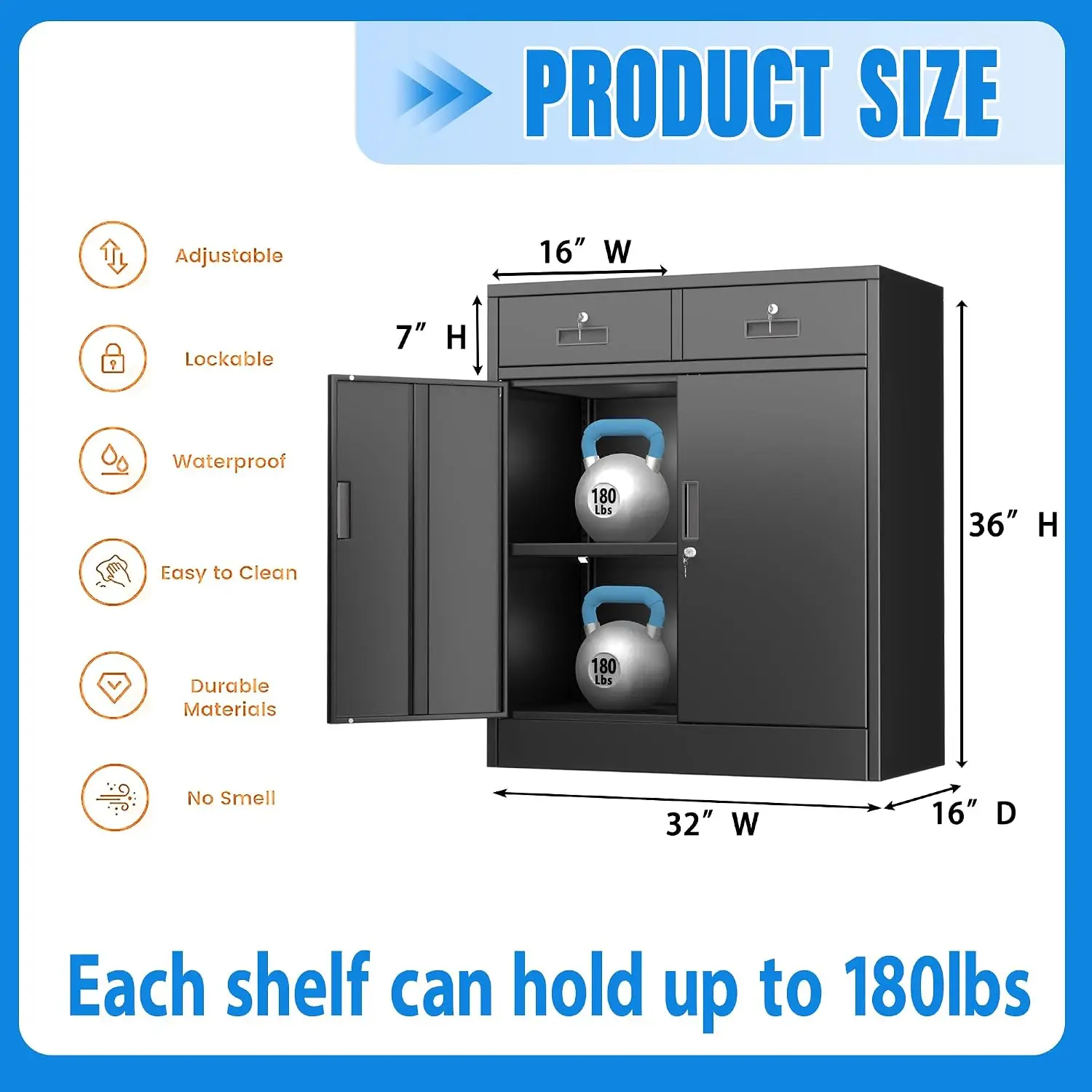 Metal Storage Cabinet with Doors and Shelves, 36