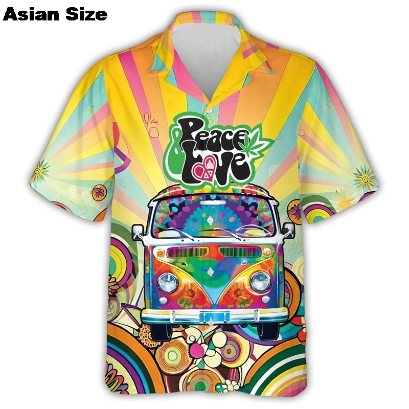 Colorful Hippie Bus Car Men\'s Summer Peace And Love Printed Button Soft Breathable Chest Pocket Casual Hawaiian Shirt Men Tops